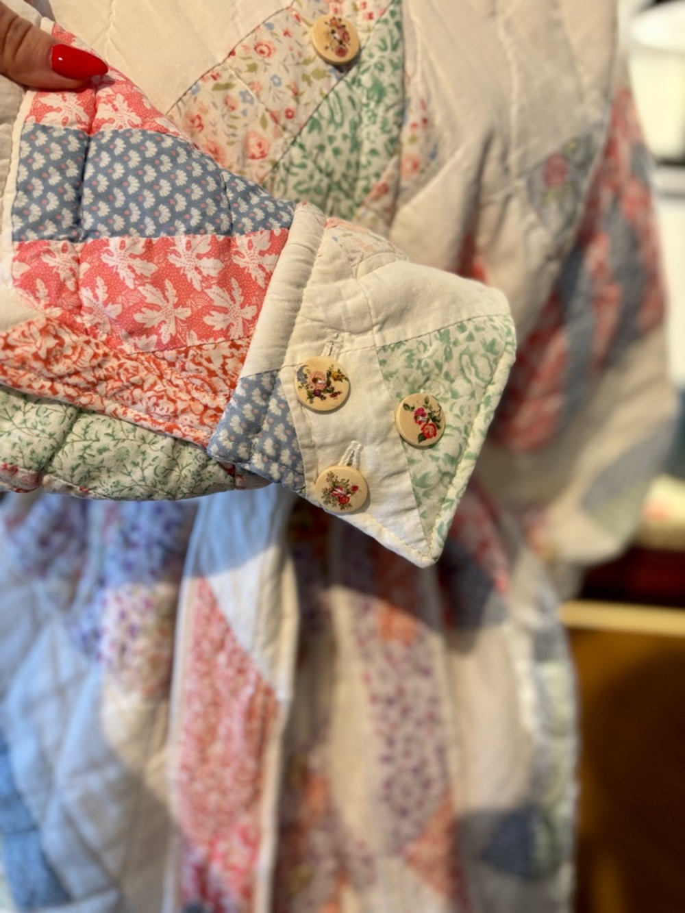 💕SOLD 🧵HANDMADE Fan Patchwork Long Quilt Belted Coat in Pastel Floral S/M - Picture 14 of 16